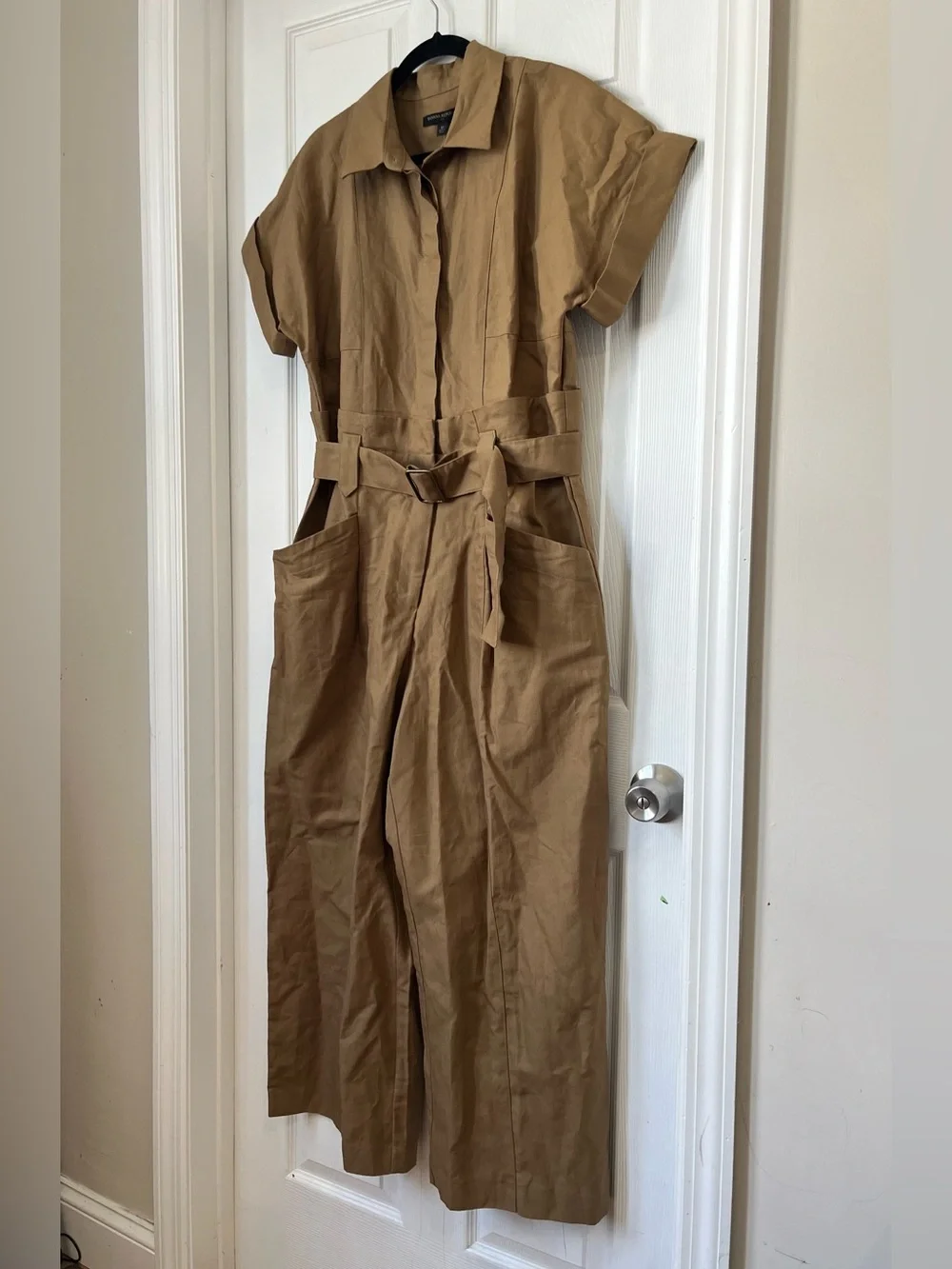 Banana Republic Tan Linen Belted Collared Utility Safari Jumpsuit size 12